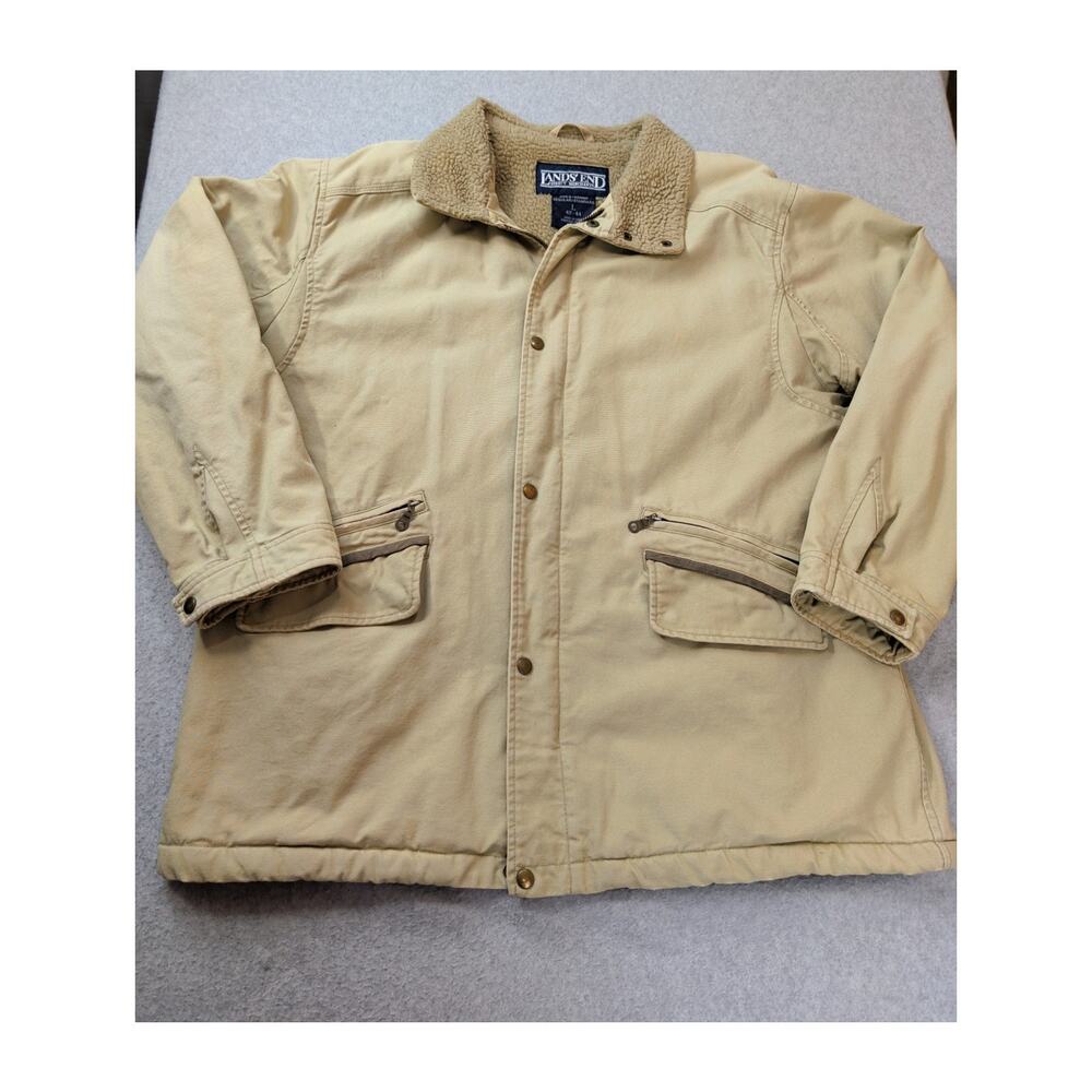 Lands End Chore Jacket Mens Large Tan Canvas Barn Field Fleece Blanket Lined
